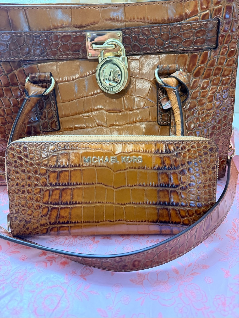 Michael Kors Two-Tone Brown Croc-Embossed Satchel with Gold Lock + Wallet